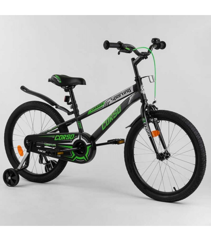 Велосипед 2-х колёсный CORSO “Concept Sporting” R-20715 (1) сталь, надувные колеса 20”, страховочные колеса, металлические диски, защита цепи, ручной тормоз, сиденье с ручкой, звоночек, от 6-ти до 9-ти лет