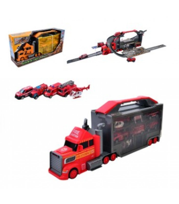 ИГРОВОЙ НАБОР ГАРАЖ-ТРЕЙЛЕР XG879-110-111, 44 СМ, ТРАНСПОРТ И ДОРОЖНЫЕ ЗНАКИ, 2 В 1, пакунок малюка