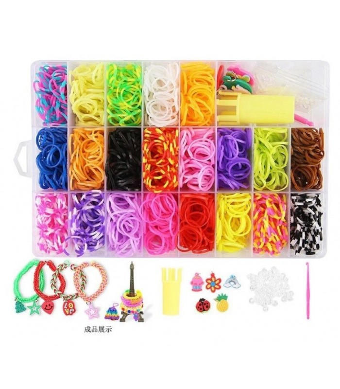 Набор резиночек для плетения D 892,  21 цвет, подвески, пластиковая фурнитура, крючок, министанок, инструкция, пакунок малюка