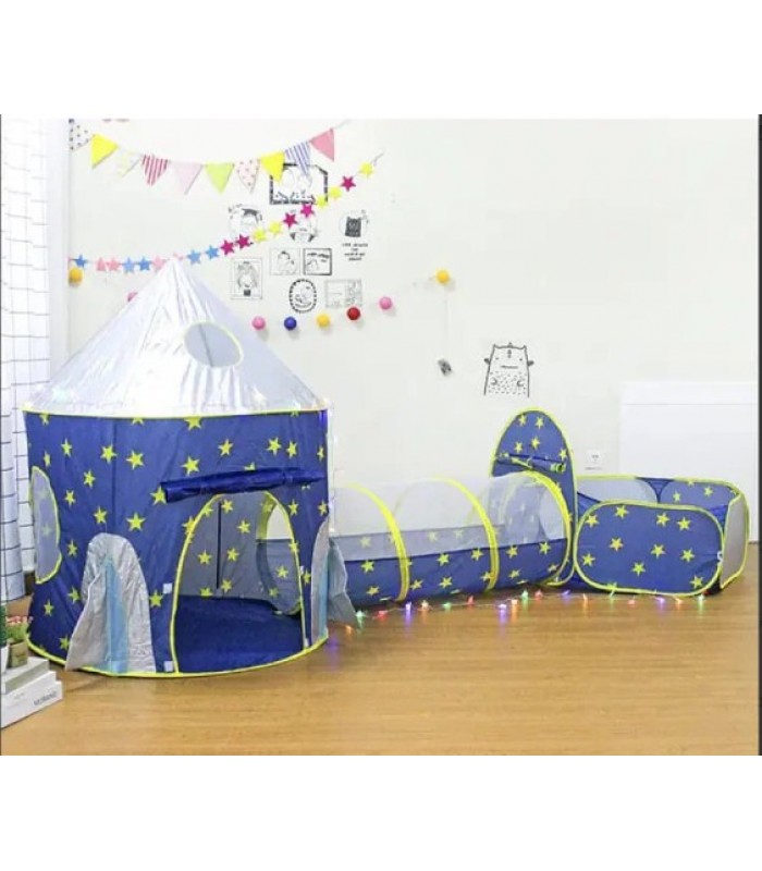 Детская палатка 3 в 1 (палатка, туннель и сухой бассейн для мячей) Ракета (синяя 600-27), пакунок малюка