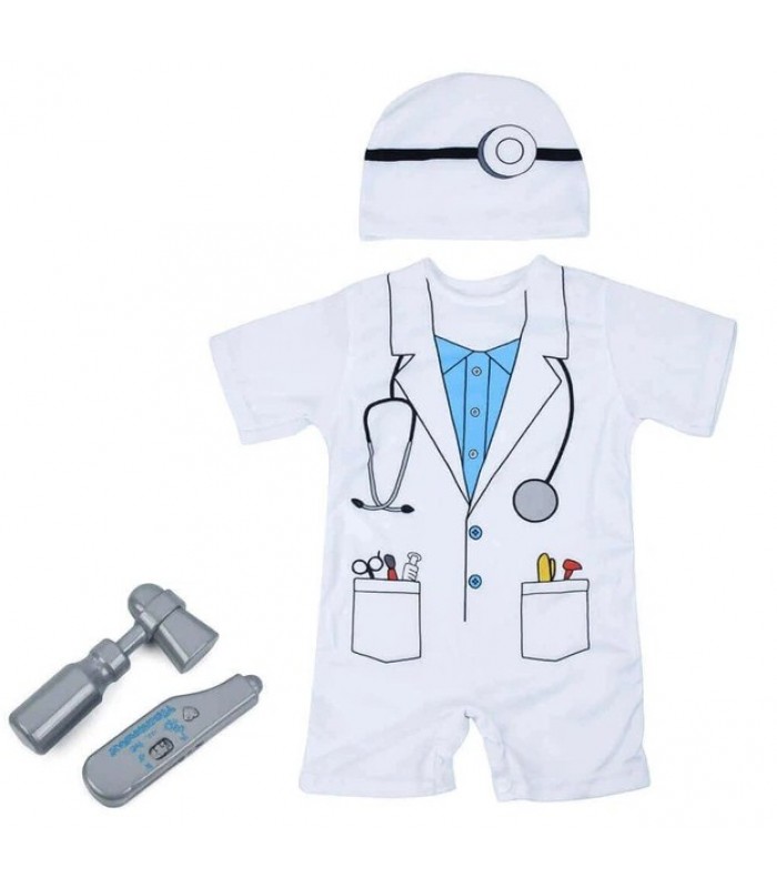 Медицинский набор врача KN652 — халат 56×32 см, шапочка, молоточек 12 см, градусник 11 см, пакунок малюка