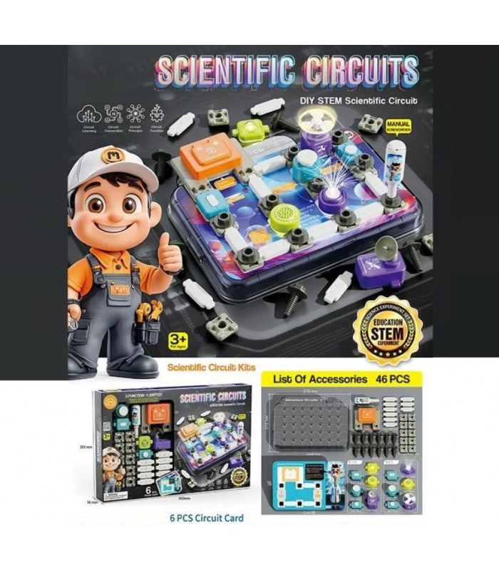 Электронный конструктор 77-55 K, 46 элементов, подсветка, вентилятор, мелодия, 3 вида переключателей, 6 карт с примерами, основа для сборки