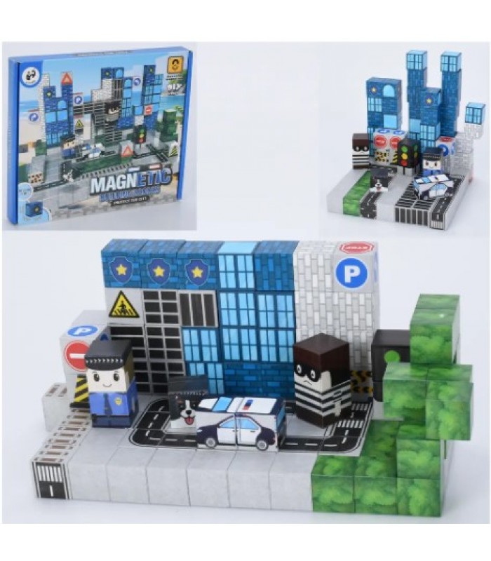 Конструктор 2032-2034 магнитный, полиция, куб 2см, 2в. (100дет, 110дет), в корр., 24-21-2,5см, пакунок малюка