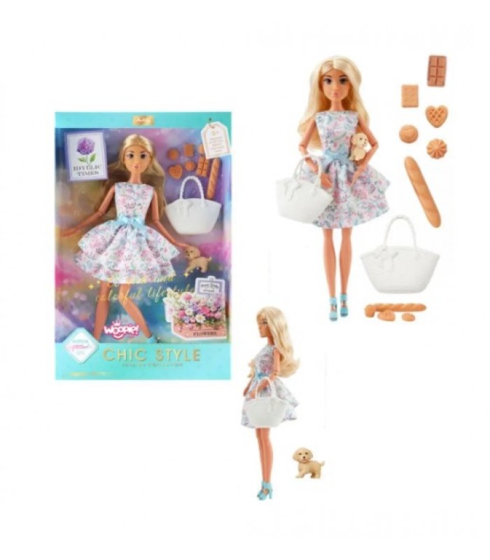 Кукла 616590 30см, шарнирная, сумка, продукты, собака, корр., 21-33-5см, пакунок малюка