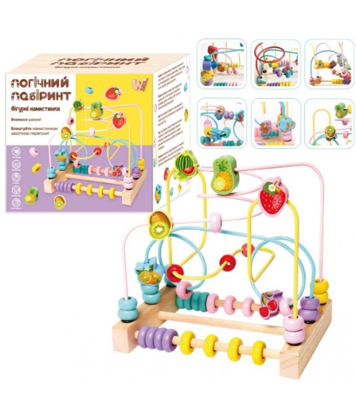 Пальчиковый лабиринт 14026, "WToys", 2 вида, деревянный, 2 счета, цветные бусинки, "фруктовые" фигурки, пакунок малюка