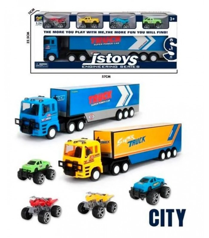 Трейлер JS898-30C, инерция, 52,5см, 1:24, резиновые колеса, джип 9,5см 2шт, квадроцикл 8см 2шт, 2 вида, в кор-ке, пакунок малюка