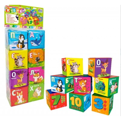 Кубики 40413 "4FUN Game Club", "Животные", 6 штук, мягкие, водонепроницаемая ткань, буквы, геометрические фигуры