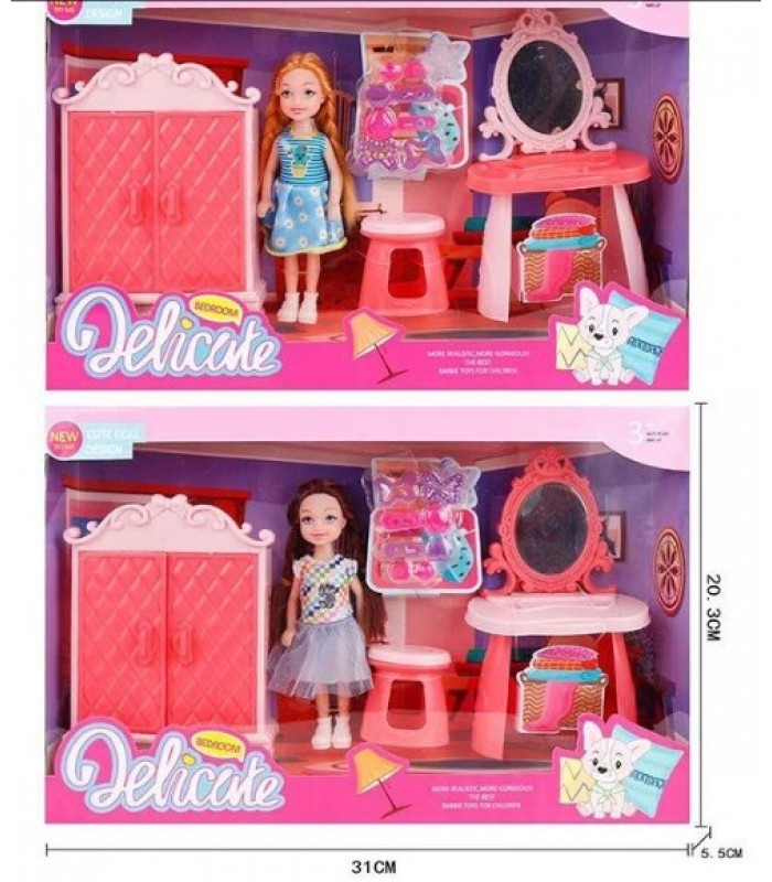 Кукла L 5-35, 2 вида, трюмо с зеркалом, шкаф, стульчик, заколки, высота куклы 14см, съемная одежда и обувь