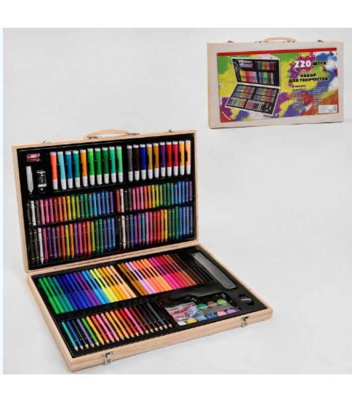 Набор для рисования в деревянном чемоданчике, 220 предметов, С49394, для детей от 3 лет, Пакунок малюка