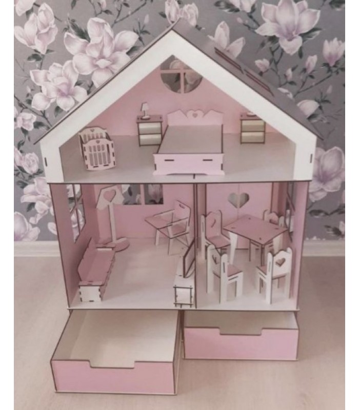Деревянный Домик для куклы Барби с мебелью и ящичками, 2 этажа, для детей от 3 лет, Пакунок малюка