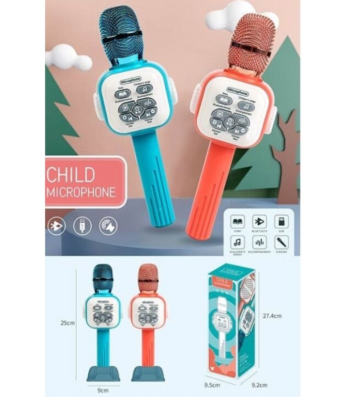 Микрофон 100 К-К (36/2) 2 цвета, подсветка, мелодии, караоке, колонка, Bluetooth, песни, истории, названия животных на английском языке
