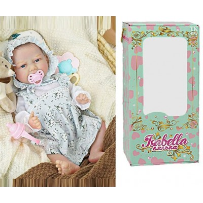 Пупс QM 24039, функциональный, датчик движения, звуки: смех, плач, засыпает, высота: 42 см, резиновый, пустышка, бутылочка, пакунок малюка