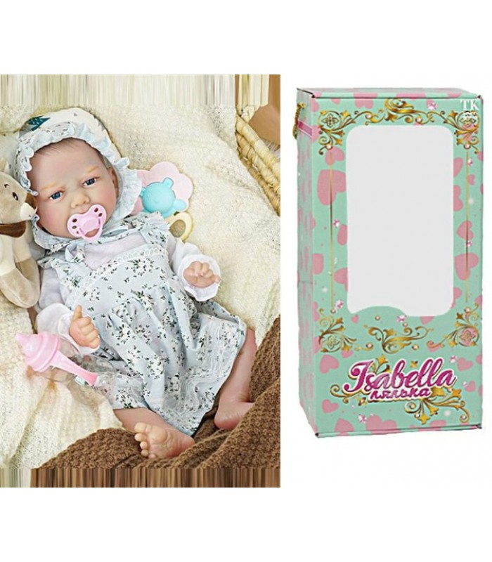 Пупс QM 24039, функциональный, датчик движения, звуки: смех, плач, засыпает, высота: 42 см, резиновый, пустышка, бутылочка, пакунок малюка