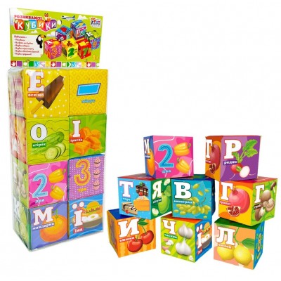 Кубики 10950 (36/2) "4FUN Game Club", "Еда", 6 штук, мягкая, водонепроницаемая ткань, буквы, цифры, арифметические знаки, в пакете