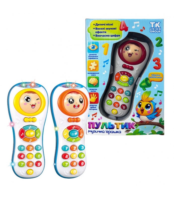 Пульт 15907, "TK Group", размер: 7х4х16 см, цифры, 4 песни, сказка, подсветка, звенящий элемент, пакунок малюка