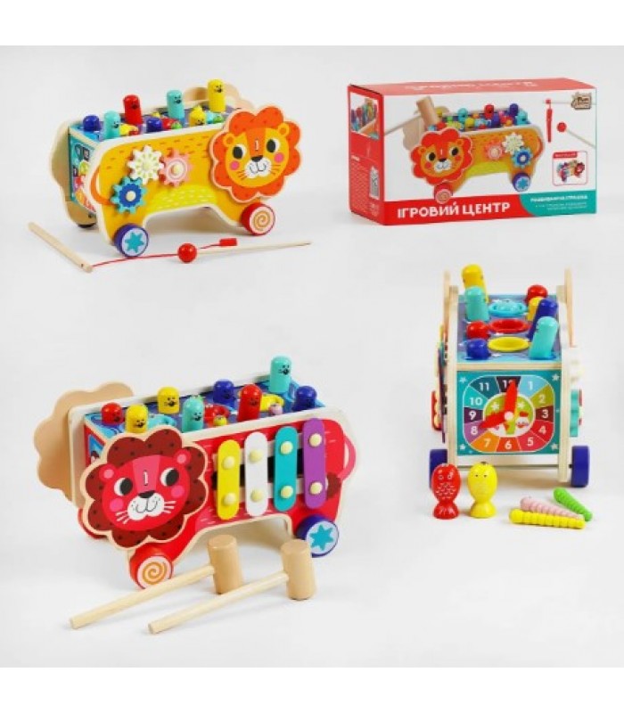 Игровой центр 55202, "4FUN Game Club Wood", "Лев", ксилофон, магнитная рыбалка, стучалка, шестерни, часы, в коробке, пакунок малюка