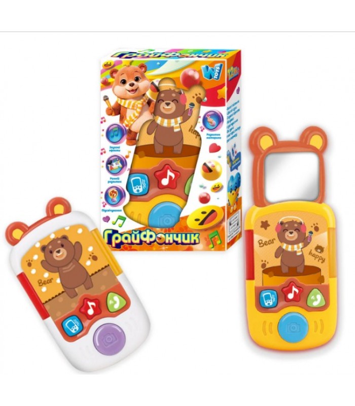 Телефон "Грайфончик" 80603 "WToys", 2 цвета, укр. язык, звук, подсветка, сказки, песни, выдвижное зеркальце, пакунок малюка