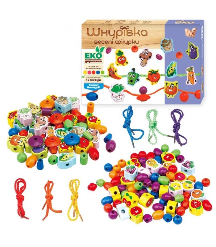 Шнуровка деревянная 63732, "WToys", бусинки, фигурки, пакунок малюка