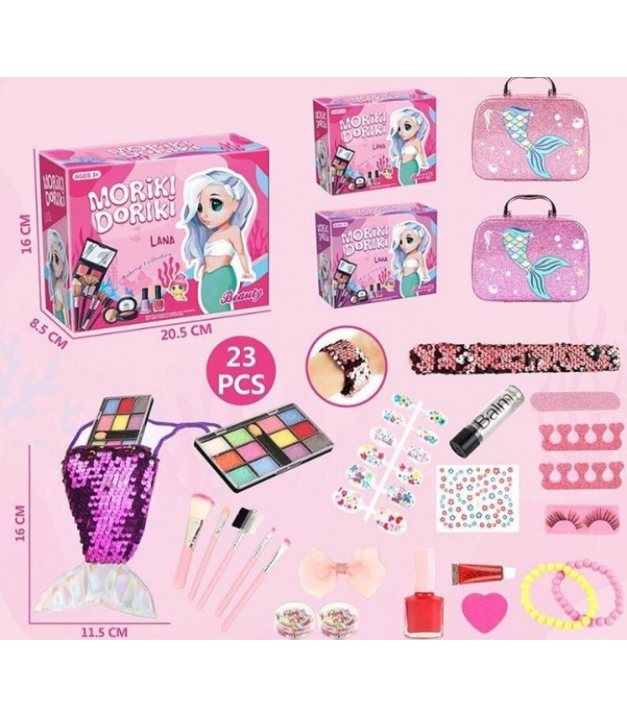 Набор косметики 40012 ,2 вида, тени, помада, лак для ногтей, накладные ресницы, накладные ногти, 3 браслета, заколка, сумочка, чемодан-органайзер