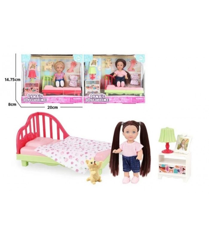 Кукла 3818, 2 вида, высота: 12 см, аксессуары, кровать, любимец, подвижные конечности, съемная одежда