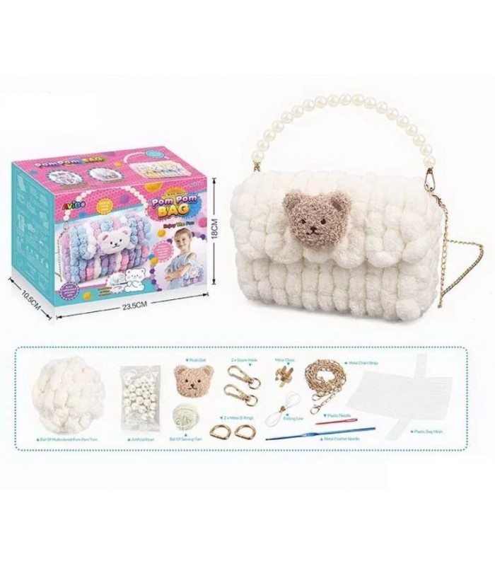 Набор для творчества A6603A-CDEF сумка 18, 5-10-6см, сделай сам, основа, нити, аксессуары, длинная ручка-цепочка, крючки, 5 видов, пакунок малюка