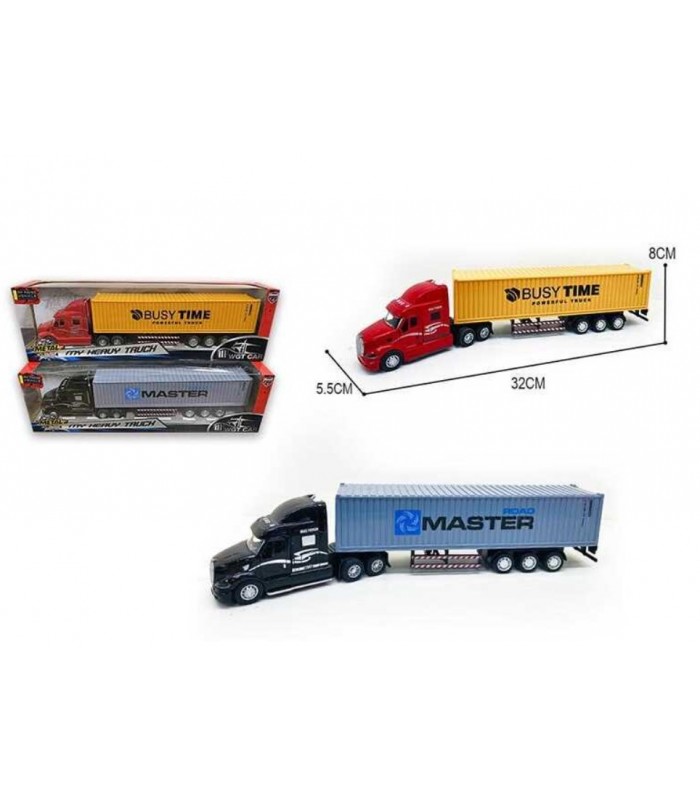 Трейлер 2218-14 A, 2 вида, длина 35 см, металлопластик, подсветка, звуки транспорта, инерция, резиновые шины, открывающийся контейнер