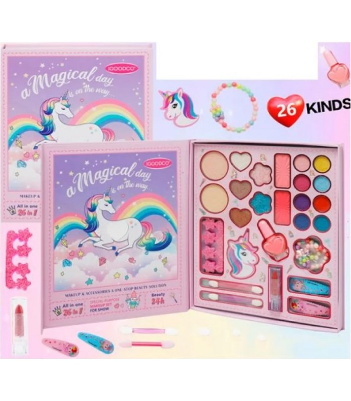 Детская косметика IG3270 палетка, тени, румяная, (лак, разделитель для пальцев, пилка), принт-единорог, зеркало, 20-23,5-2,5см, пакунок малюка