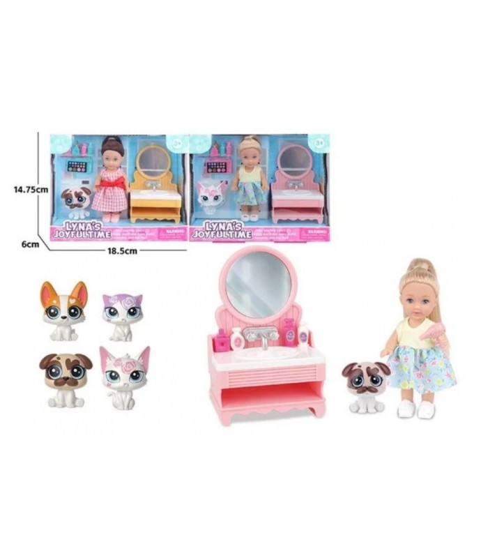 Кукла 3817, 2 вида, высота: 12 см, аксессуары, раковина с зеркалом, любимец, подвижные конечности, съемная одежда