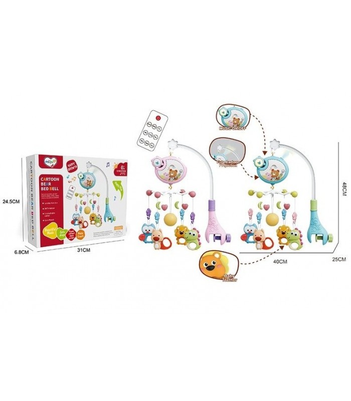 Карусель музыкальная 368-11, 2 цвета, мелодии, подсветка, оборот на 360°, погремушки, пульт, пакунок малюка