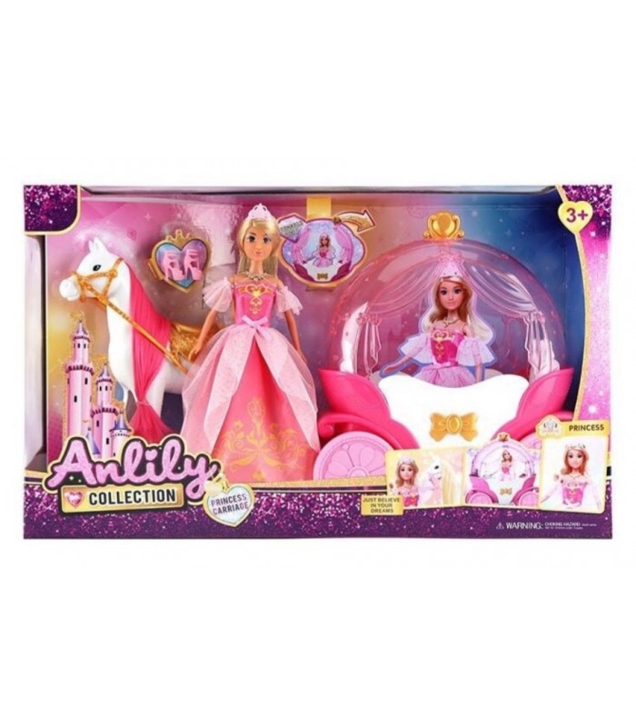 Кукла с каретой 616686, высота куклы 30 см, шарнирные конечности, бусы, пара обуви, корона, конь с седлом, карета, крыша открывается, пакунок малюка