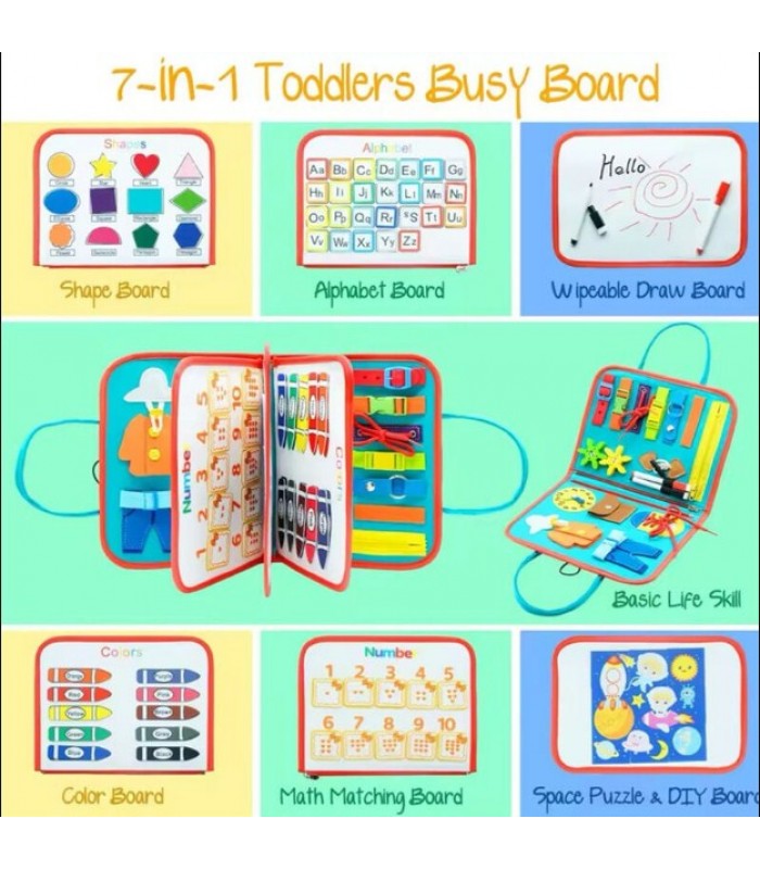 Логическая папка C 70899, 7в1, фетровая, элементы на липучках, англ. алфавит, формы, цвета, цифры, доска пиши-стирай, 2 маркера, пакунок малюка
