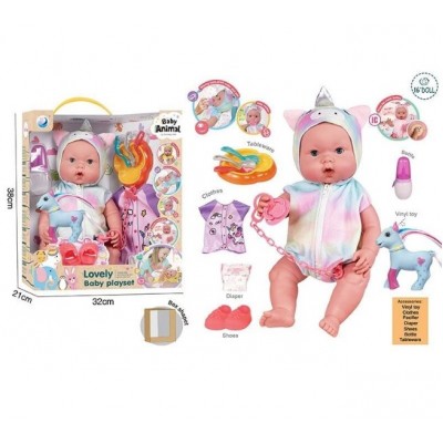 Пупс DH 2377 C, высота: 39 см, виниловая игрушка, музыкальный чип, закрывает глаза, съемная одежда, пустышка, обувь, подгузник, пакунок малюка