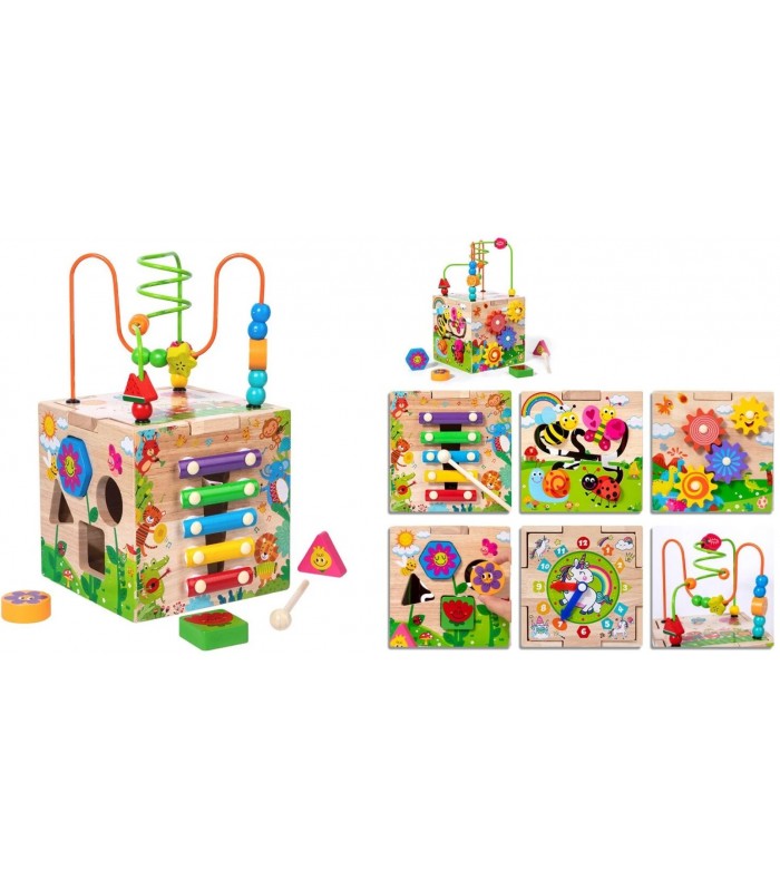 Куб логический C 75615, деревянный, ксилофон, 5 нот, часы, пальчиковые лабиринты, сортер, геометрические фигурки, пакунок малюка