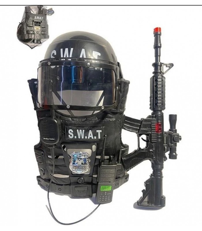 Полицейский набор YL-6, автомат с трещоткой, длина 47 см, шлем с визором, жилет, рация, 2 гранаты, бинокль, пакунок малюка