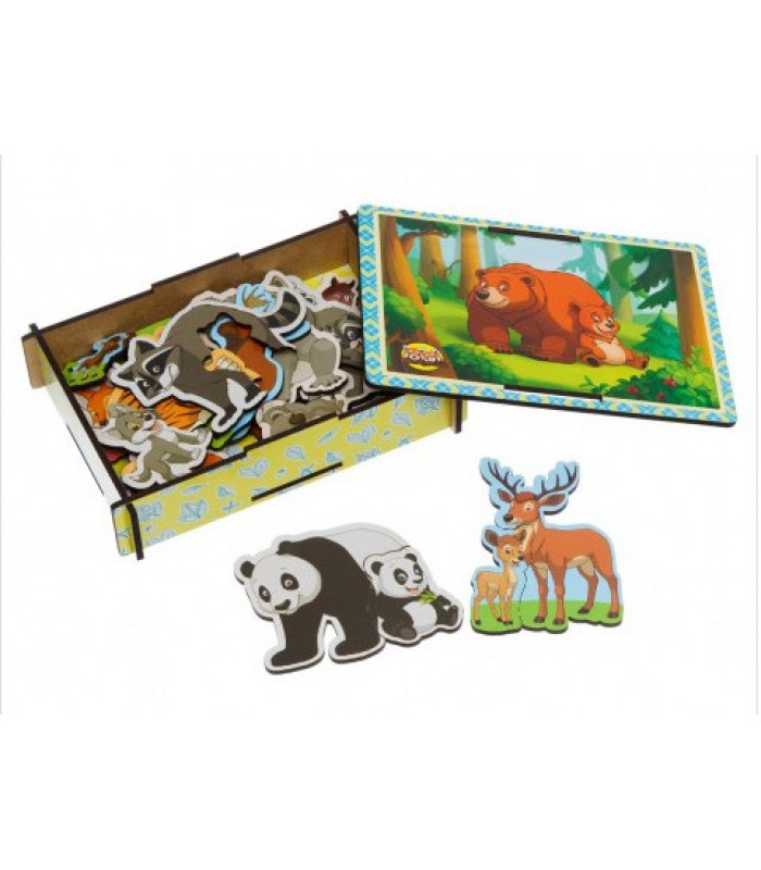 Деревянный пазл в сундучке "Мама и малыш" с цветными зверюшками ПСД033