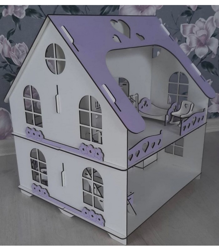 Домик для куклы ЛОЛ деревянный двухэтажный с мебелью Сердечки, сиреневая крыша, для детей от 3 лет, Пакунок малюка