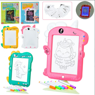 Дощечка для рисования 1688C-D карты, фламаст., 2 вида (динозавр, единорог) по 2 цвета, свет, бат.