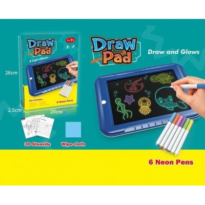 Доска для рисования 1688 Y , разноцветная LED - подсветка, 6 неоновых маркеров, прозрачная основа, фон, салфетка, пакунок малюка