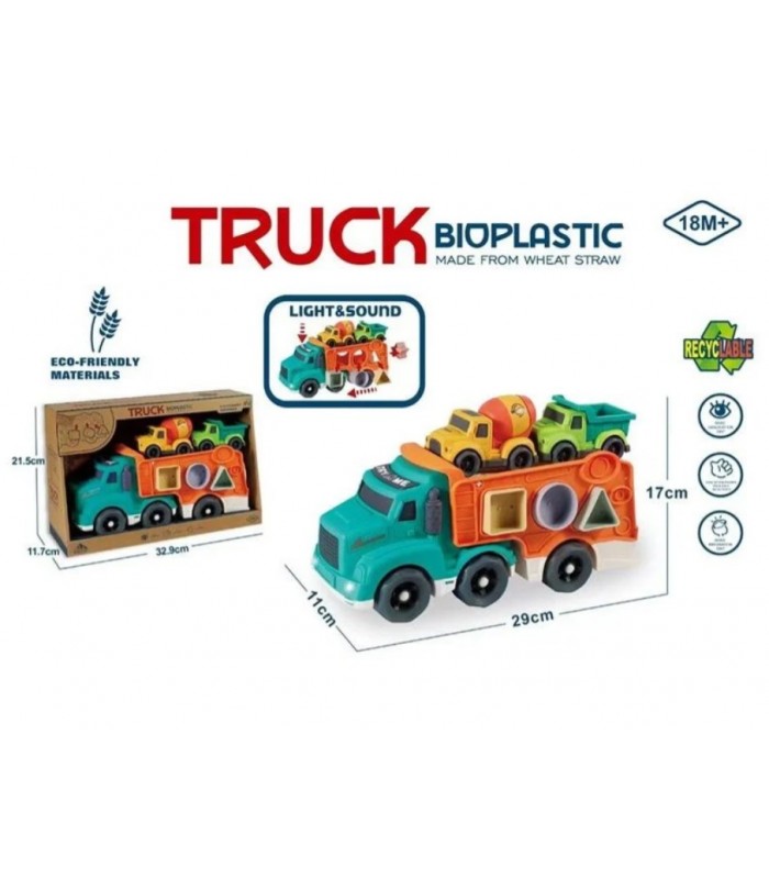 Трейлер 933-883 AM, звуки, мелодия, подсветка, 2 машинки, геометрический сортер, из биопластика, пакунок малюка