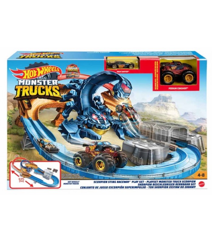 Трек Hot Wheels оригинал Monster Trucks Жало Скорпиона, 2 машинки, GNB05 для детей от 4 лет, Подарок для мальчика, Автотрек Хот Виллс