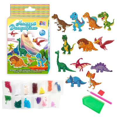 Алмазные стикеры "Динозаврики" 10228 "4FUN Game Club", наклейки, стилус, силиконовый клей, поддон, алмазы