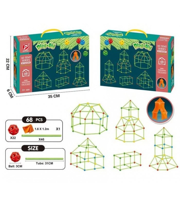 Палатка-конструктор 136-3 A, 68 деталей, люминесцентные палочки, светящиеся в темноте, одеяло, пакунок малюка