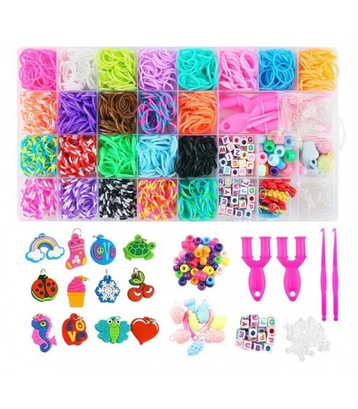 Набор резиночек для плетения D 881,23 цвета, пластиковая фурнитура, рогатки, крючки, пластиковые карабины, инструкция в боксе, пакунок малюка