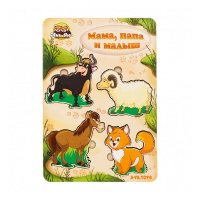 Деревянные Вкладыши больше - меньше "Семья - домашние животные" (папа - мама - малыш) ПСД077