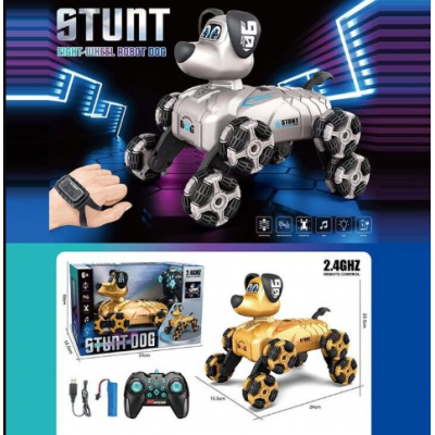 Собачка на радиоуправлении 888-38 A, 2 вида, аккумулятор 3.7 V, пульт 2.4 GHz, браслет, подсветка, мелодии, роликовые колеса, пакунок малюка