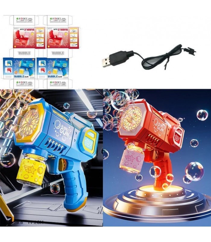Пистолет с мыльными пузырями 66-56, 2 цвета, автоматический принцип работы, аккумулятор 3.7 V, USB-кабель, бутылочка с мыльным раствором