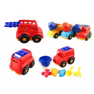 Детский игровой набор для песка Автобус Бусик №3 (лопатка+грабли+3паски+ведро) в сетке