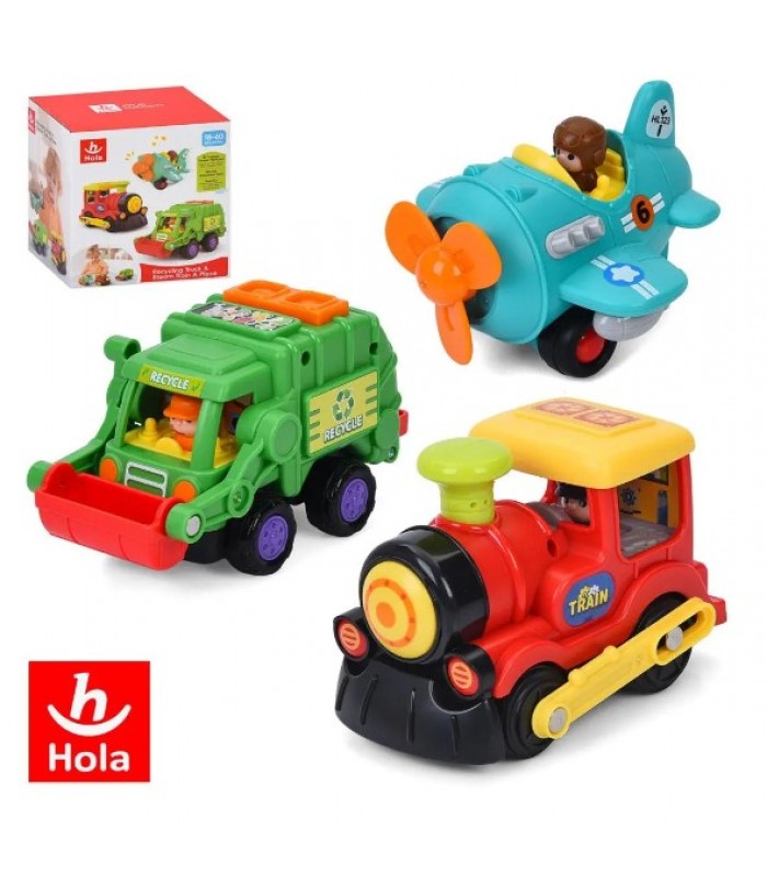 Комплект с транспортом HA7871 комплект из 3 штук (мусоровоз 15 см, поезд 12 см, самолет 12 см), инерция, движение, пакунок малюка