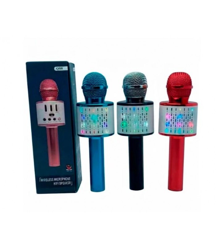 Микрофон Q88 акум,USBзарядный,свет,Bluetooth,TFслот,AUX,3 цвета, ящик-1цвет.корр. пакунок малюка