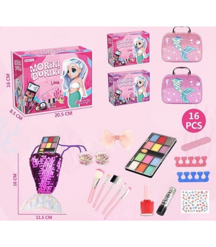 Набор косметики 40010 , 12 теней, кисточки, помада, шпилька, наклейки, пилочка, разделители для пальцев, зеркало, сумочка, пакунок малюка
